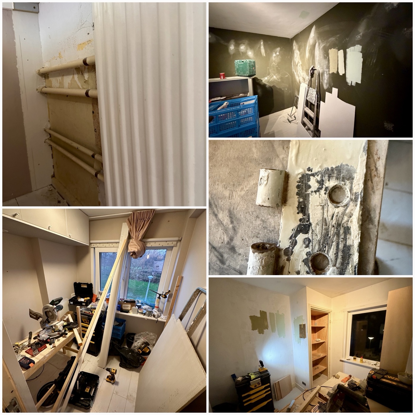 Collage van de verbouwing in volle gang: blootliggende waterleidingen, donkere muren met proefkleuren en een kamer vol gereedschap