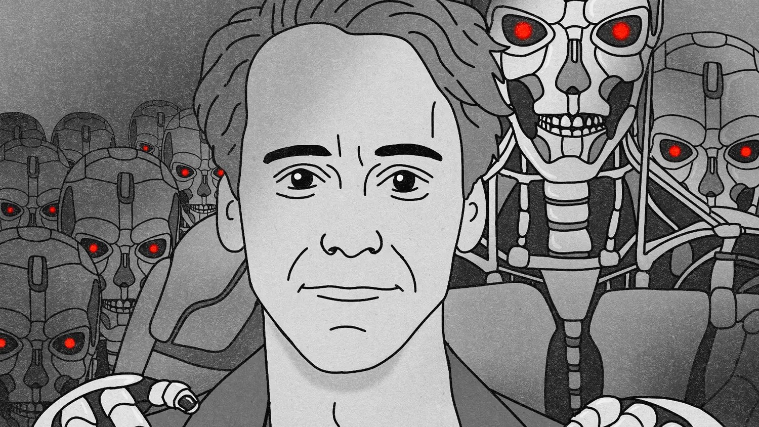 Black-and-white illustration of a man with a calm smile, surrounded by rows of robot skeletons with glowing red eyes